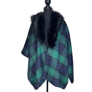 Talbots Women’s M/L Green Blue Plaid Cape Faux Fur Removable Collar
